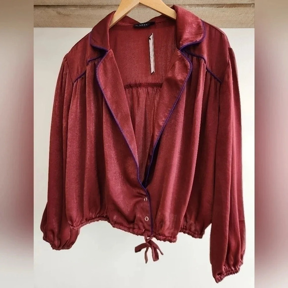 NWT || SONCY || maroon jacket, tie waist, satin - Picture 1 of 6